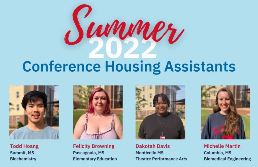 Conference Housing Assistants Headshots. Todd Hoang, Felicity Browning, Dakotah Davis, Michelle Martin
