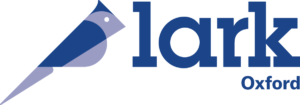 Lark Oxford logo in blue with geometric artwork of a bird